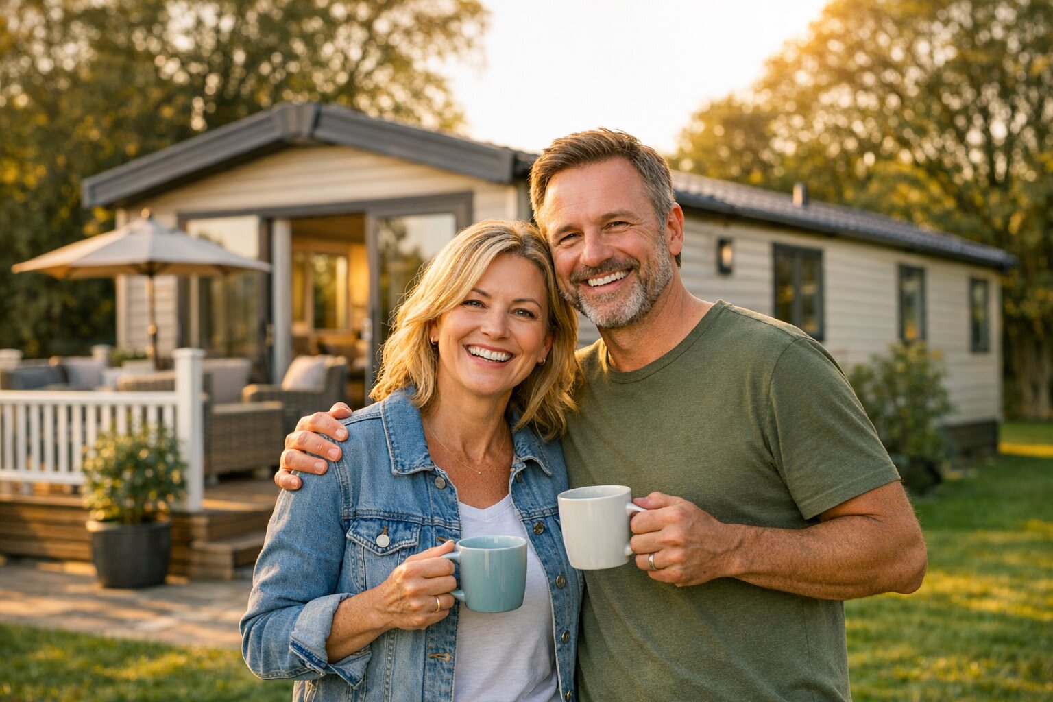 A happy couple outside their static caravan holiday home